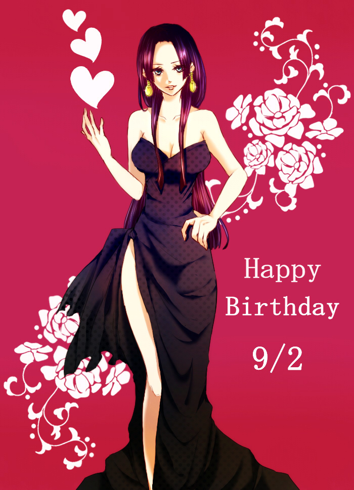1girl, bare_shoulders, black_dress, black_hair, boa_hancock, breasts, cleavage, dress