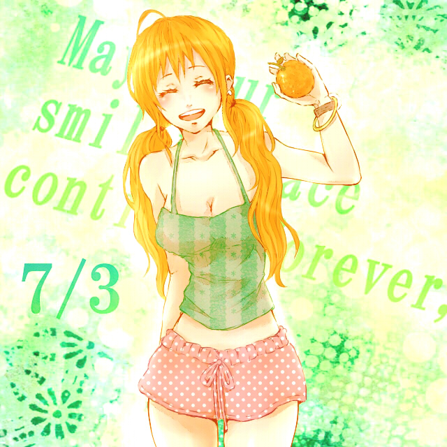 1girl, ahoge, alternate_hairstyle, bracelet, breasts, cleavage, closed_eyes, jewelry, nami_(one_piece), nashimo_(artist), one_piece, polka_dot, polka_dot_shorts, shorts, solo, twintails, |d