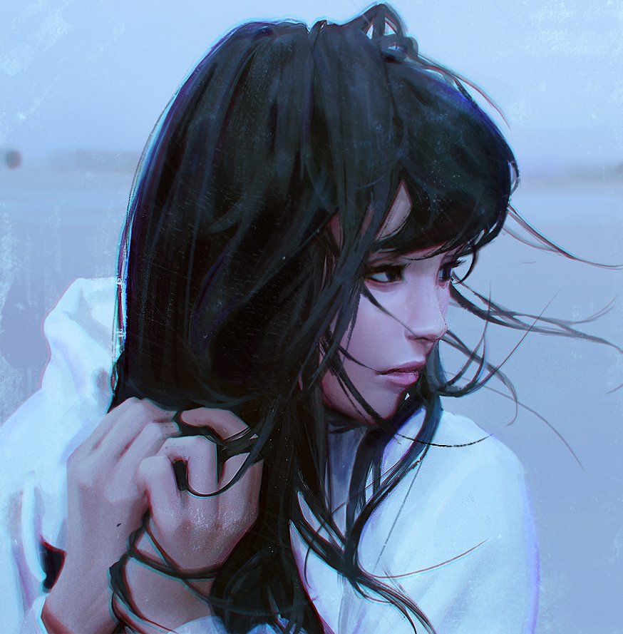 1girl, black_eyes, black_hair, closed_mouth, commentary, empty_eyes, guweiz, hands_together