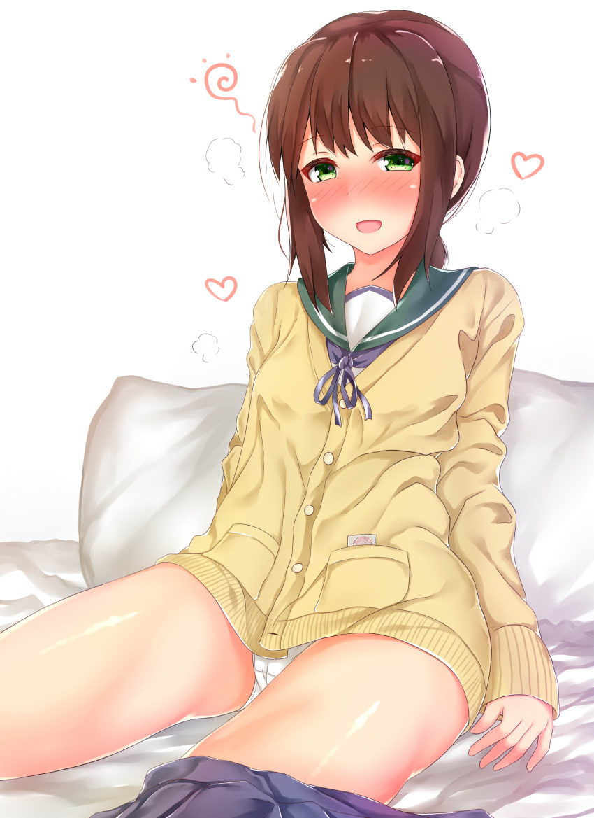 absurdres, blush, brown_hair, cardigan, drunk, fubuki_(kantai_collection), green_eyes, highres