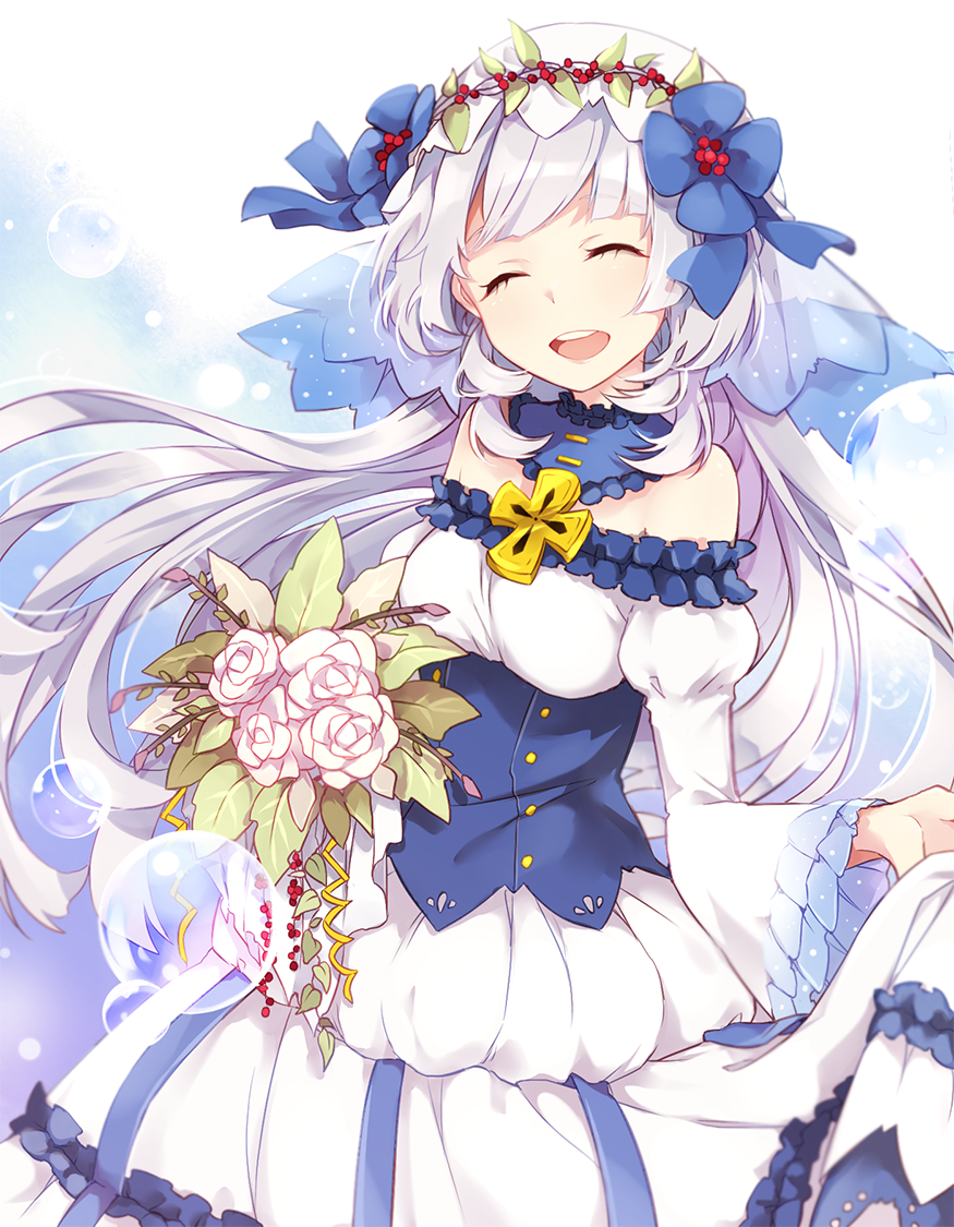 1girl, blue_dress, blush, bouquet, closed_eyes, cross, detached_collar, detached_sleeves, dress, eleanor_(merc_storia), eyelashes, flower, hair_flower, hair_ornament, head_wreath, lavender_hair, leafwow, long_hair, long_sleeves, merc_storia, open_mouth, rose, round_teeth, smile, soap_bubbles, solo, strapless, strapless_dress, teeth, white_rose