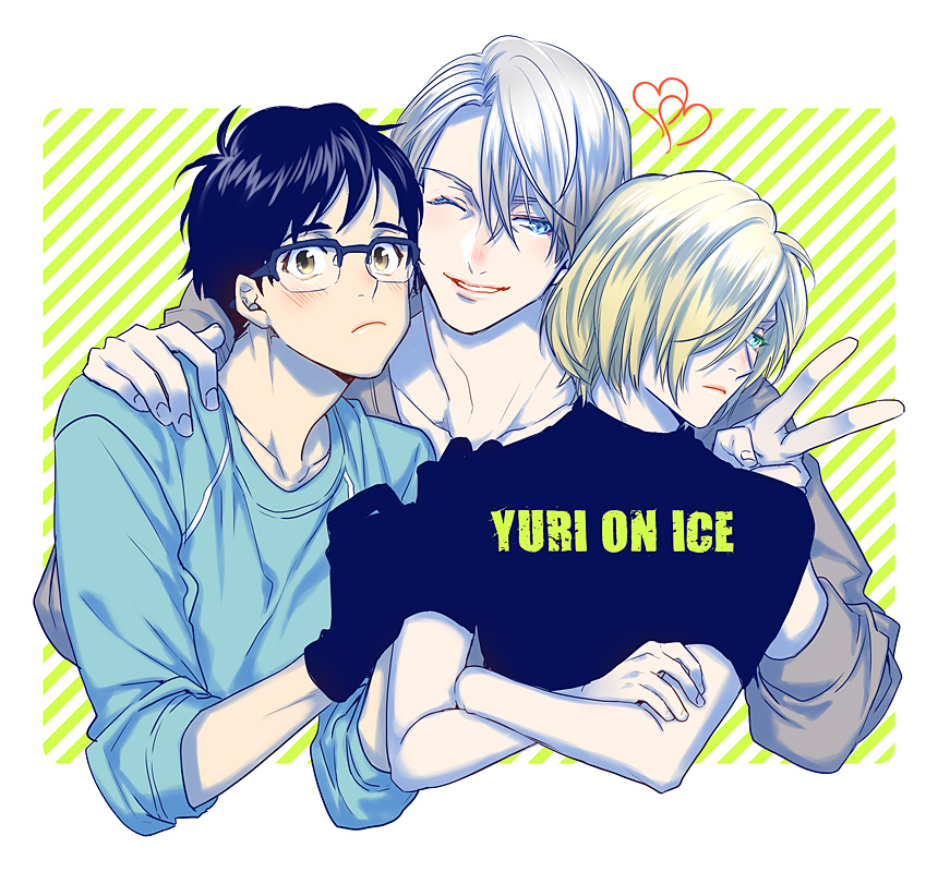 3boys, black_gloves, black_hair, blonde_hair, blue-framed_eyewear, blue_eyes, brown_eyes, copyright_name