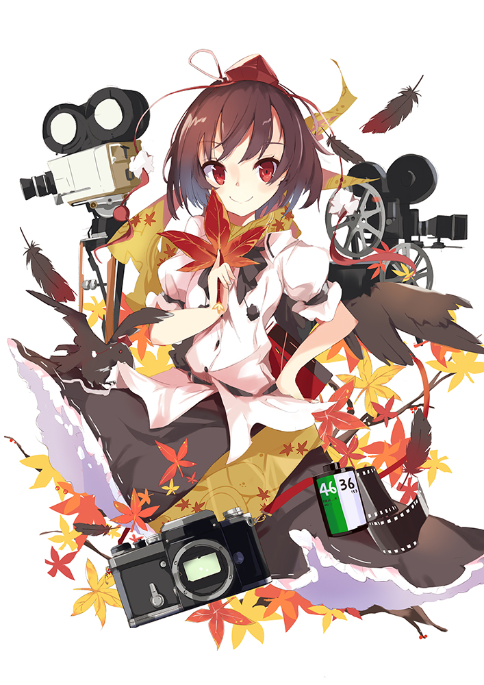 1girl, autumn_leaves, bird, bird_wings, black_bow, black_bowtie, black_feathers, black_hair