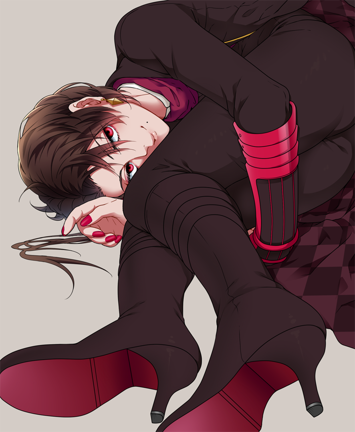 1boy, boots, brown_hair, fetal_position, grey_background, high_heel_boots, high_heels, holding_legs