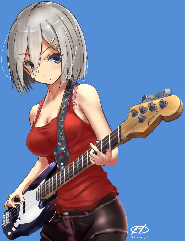 1girl, bass_guitar, blush, eyebrows, eyebrows_visible_through_hair, eyes_visible_through_hair, hair_ornament, hair_over_one_eye