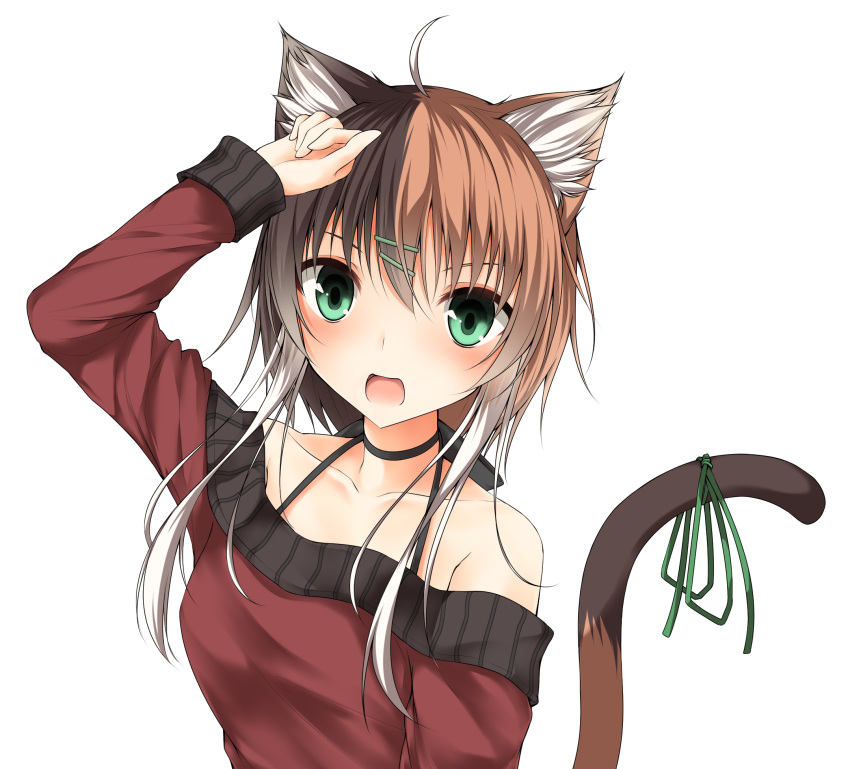1girl, animal_ears, bow, brown_hair, cat_ears, cat_tail, green_eyes, highres
