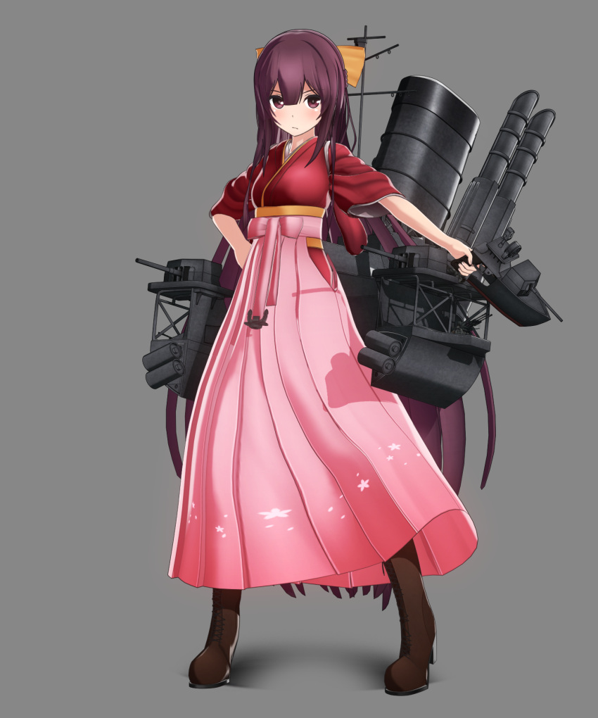 1girl, 3d, boots, bow, brown_boots, brown_eyes, full_body, grey_background