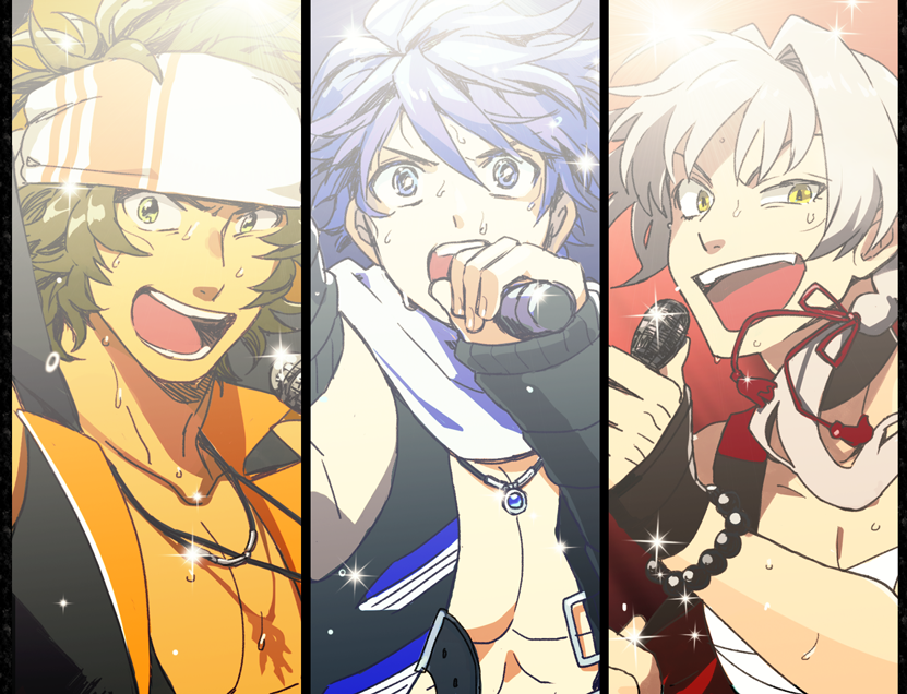 3boys, blue_eyes, enjouji_michiru, fingerless_gloves, gloves, green_eyes, green_hair, idol