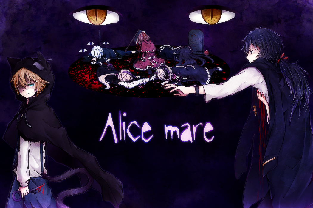 3girls, 4boys, alice_mare, allen_llewellyn, animal_hood, apple, awase_(kirika), axe, bad_end, black_hair, blonde_hair, blood, blue_eyes, blue_hair, brown_hair, cat_hood, cat_tail, chelsy_reevis, cheshire_cat_(alice_mare), corpse, dress, food, fruit, grey_hair, hair_over_one_eye, headdress, hood, joshua_bartlett, letty_amery, long_hair, male_focus, multicolored_hair, multiple_boys, multiple_girls, possessed, purple_hair, red_dress, rick_amery, sensei_(alice_mare), shorts, spoilers, stella_northrop, suspender_shorts, suspenders, tail, tombstone, twintails, two-tone_hair, watch, weapon