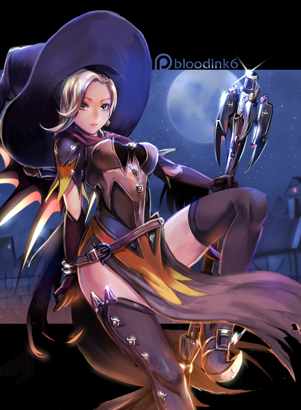 1girl, alternate_costume, blonde_hair, bloodink, blue_eyes, hat, looking_at_viewer, mechanical_wings, mercy_(overwatch), moon, night, night_sky, overwatch, sky, solo, thigh-highs, wings, witch, witch_hat, witch_mercy