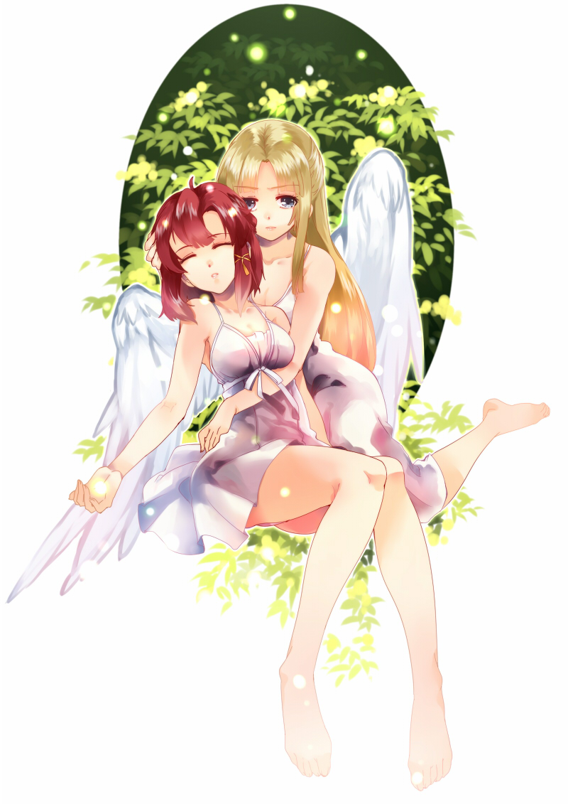 2girls, bare_legs, bare_shoulders, barefoot, blonde_hair, blue_eyes, breasts, cleavage