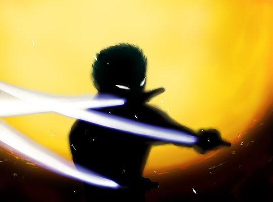 glowing, glowing_eyes, male, one_piece, roronoa_zoro, solo, sword, triple_wield