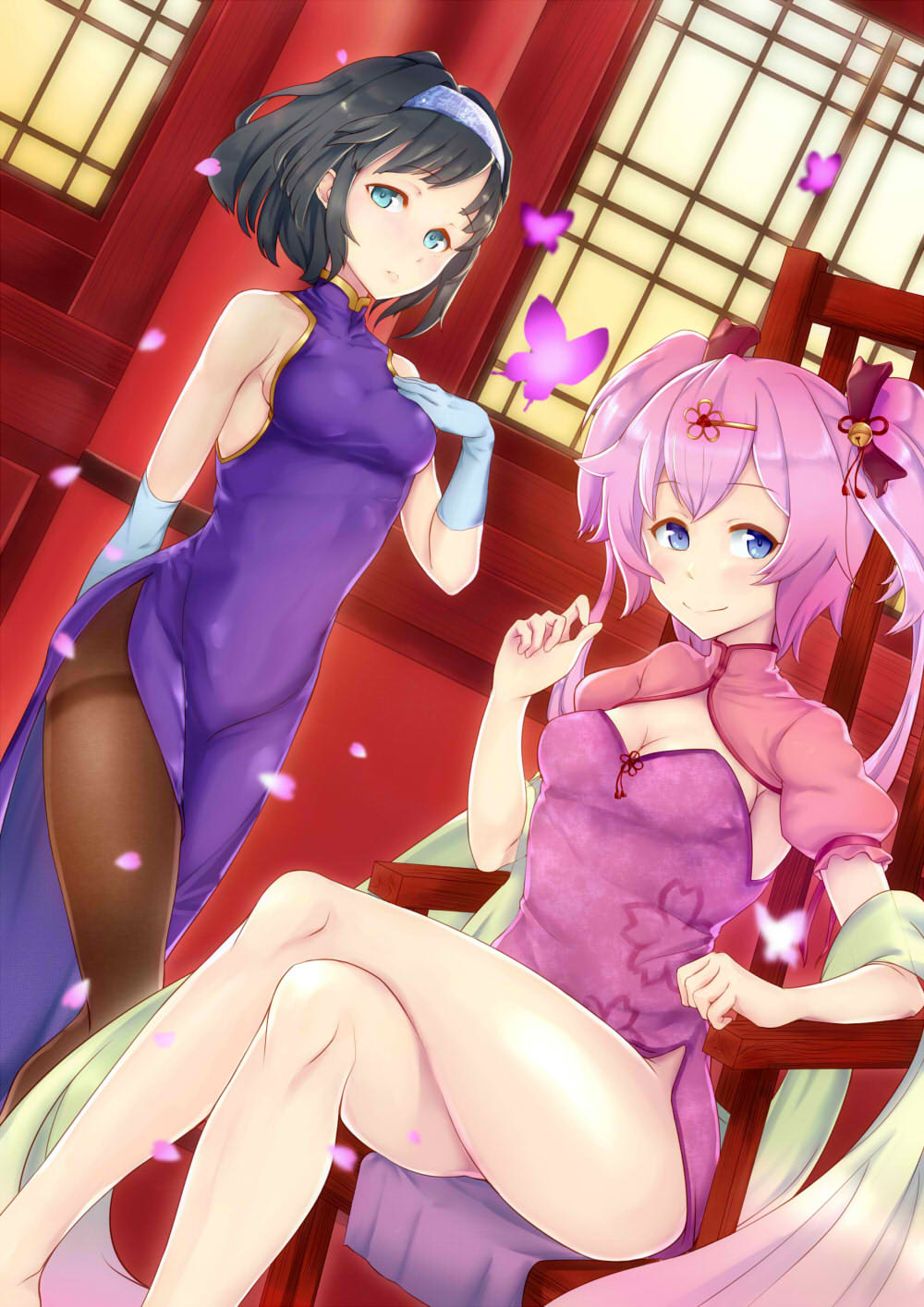 2girls, aqua_eyes, bare_legs, bare_shoulders, bell, black_hair, blue_eyes, butterfly, character_request, china_dress, chinese_clothes, crossed_legs, dress, dutch_angle, gloves, hair_bell, hair_ornament, hairband, hairpin, hand_on_own_chest, highres, legs, looking_at_viewer, multiple_girls, no_panties, pantyhose, petals, pink_dress, pink_hair, purple_dress, short_hair, smile, souzando, thighband_pantyhose, toys_drive