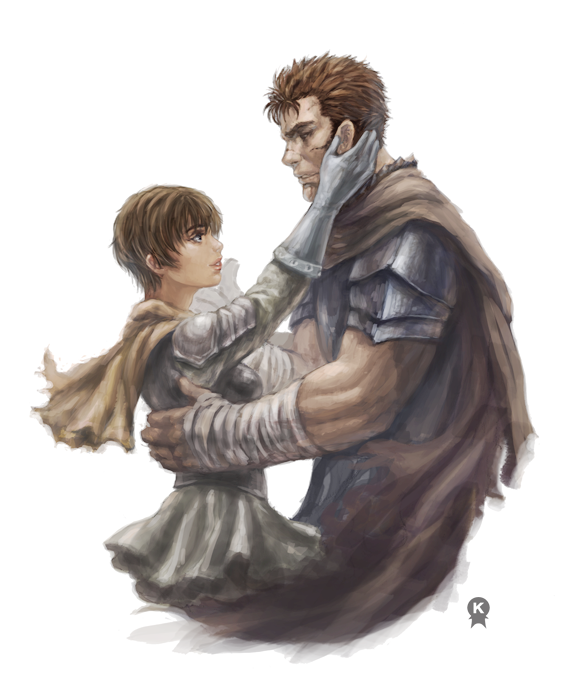 1girl, armor, berserk, cape, casca, couple, fundoshi_(artist), fundoshi_(tofupoid), gloves, guts, hug, short_hair, touching