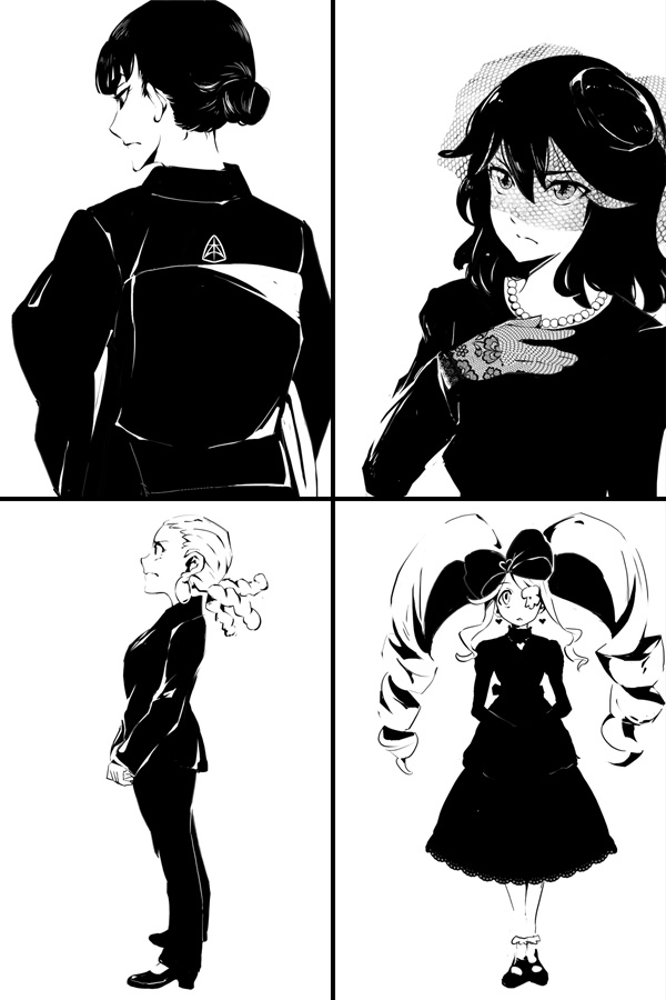 4girls, 71, alternate_hair_length, alternate_hairstyle, collage, dress, drill_hair, eyepatch