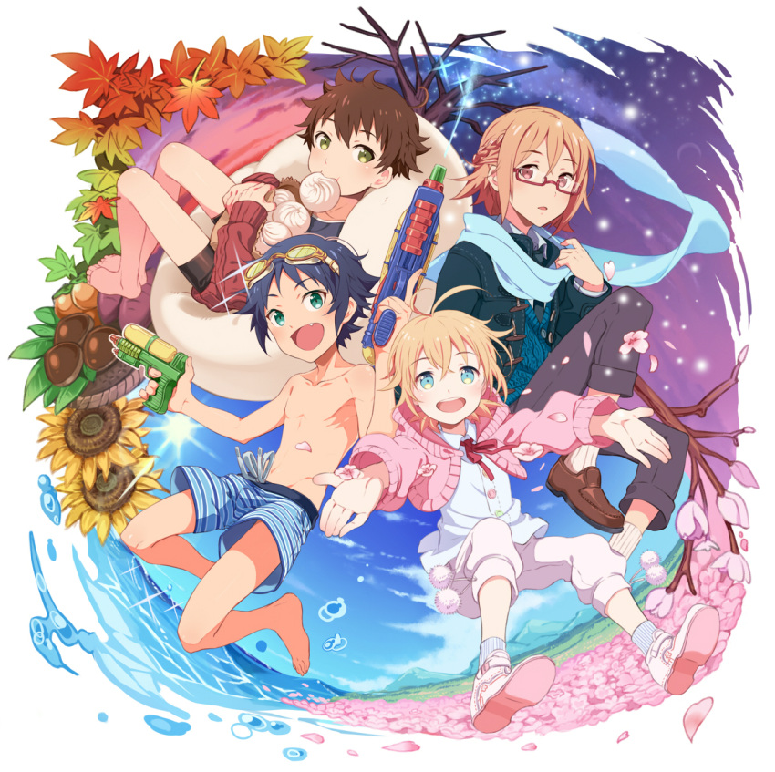 4boys, acorn, baozi, barefoot, bike_shorts, black_hair, blonde_hair, blue_eyes