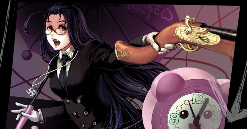 alarm_clock, black_hair, clock, fangs, formal, freckles, glasses, gloves