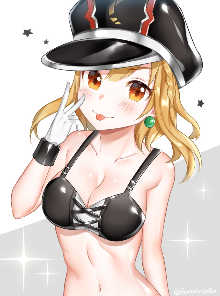 1girl, bare_shoulders, blonde_hair, blush, bra, bracer, braid, breasts