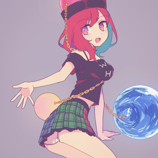 1girl, ass, bare_shoulders, breasts, busujima_(kusahana), hecatia_lapislazuli, medium_breasts, microskirt, midriff, multicolored_skirt, navel, off-shoulder_shirt, off_shoulder, open_mouth, panties, pantyshot, pleated_skirt, polos_crown, red_eyes, redhead, shirt, skirt, t-shirt, touhou, underwear, upskirt, wavy_hair, white_panties