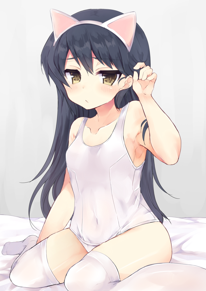 1girl, animal_ears, armpits, bare_shoulders, black_hair, blush, brown_eyes, cat_ears