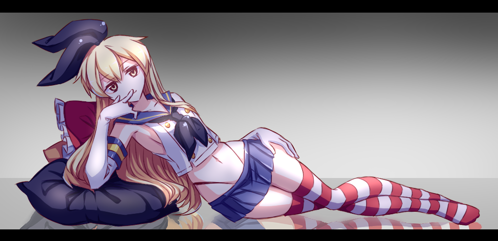 1girl, blonde_hair, bow, breasts, cushion, endwhite, finger_to_mouth, kantai_collection