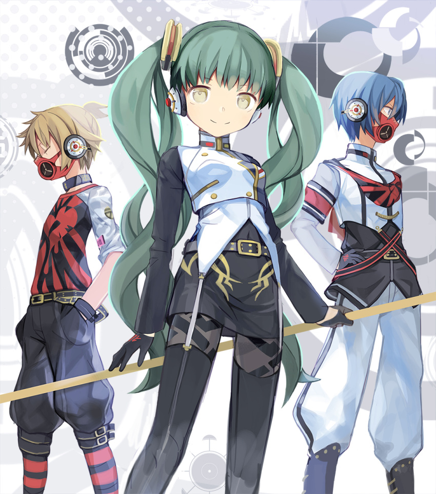 1girl, 2boys, bad_boy_(module), baggy_pants, belt, blonde_hair, blue_eyes, blue_hair, boots, buckle, closed_eyes, collar, gas_mask, general_(module), gloves, green_hair, hatsune_miku, headphones, highres, kagamine_len, kaito, kari_kenji, looking_at_viewer, mask, multiple_boys, pants, project_diva_(series), skirt, smile, standing, striped, striped_legwear, thigh-highs, tight, trio, twintails, unhappy_refrain_(vocaloid), vocaloid, yellow_eyes