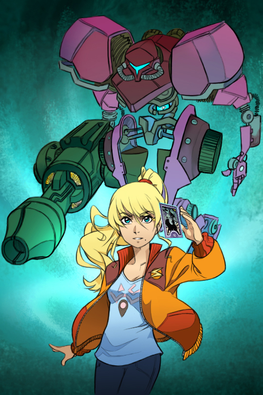 1girl, blonde_hair, blue_eyes, crossover, guilhermerm, long_hair, metroid, persona, ponytail, samus_aran, solo, summoning, tarot, varia_suit