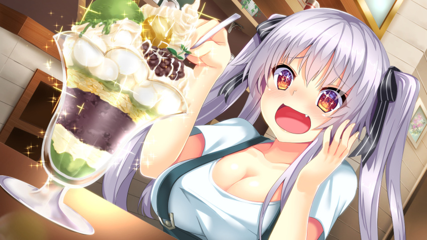 1girl, blush, breasts, cleavage, dutch_angle, fang, food, game_cg, hair_ribbon, hand_on_own_cheek, ice_cream, kimi_to_yumemishi, large_breasts, long_hair, open_mouth, orange_eyes, ribbon, shigure_(kimi_to_yumemishi), shimofuri, silver_hair, solo, sparkling_eyes, spoon, suspenders, table, twintails