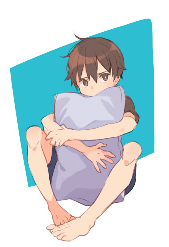 1boy, barefoot, blue_background, brown_eyes, brown_hair, child, hair_between_eyes, male_focus, original, pillow, pillow_hug, sagami_hako, shorts, sitting, solo