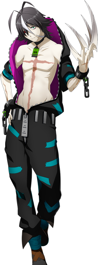 1boy, ahoge, black_hair, black_jacket, black_sclera, blue_eyes, chain, choker, cross_scar, cuffs, freaks_(xblaze), higuchi_konomi, jacket, pale_skin, red_eyes, scar, vampire, xblaze, xblaze_lost:_memories, zipper, zipper_pull_tab