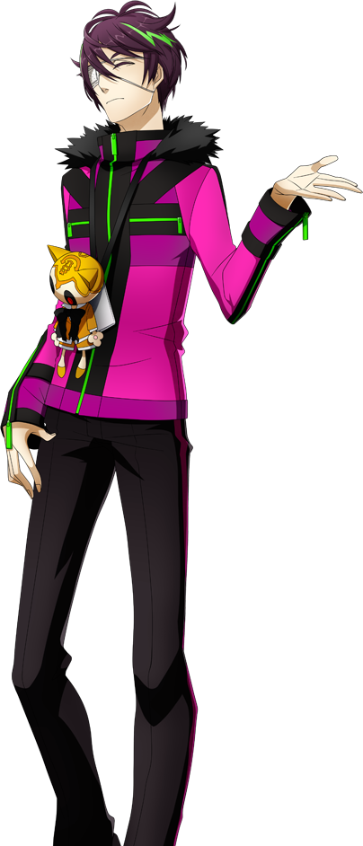 1boy, closed_eyes, eyepatch, higuchi_konomi, jacket, long_sleeves, male_focus, multicolored_hair, purple_hair, purple_jacket, ripper_(xblaze_code:_embryo), short_hair, shrug, stuffed_animal, stuffed_cat, stuffed_toy, two-tone_hair, xblaze, xblaze_code:_embryo, zipper