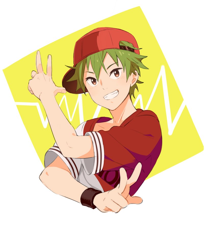 1boy, akiyama_hayato, alternate_costume, baseball_cap, brown_eyes, diamond_(shape), fang, green_hair