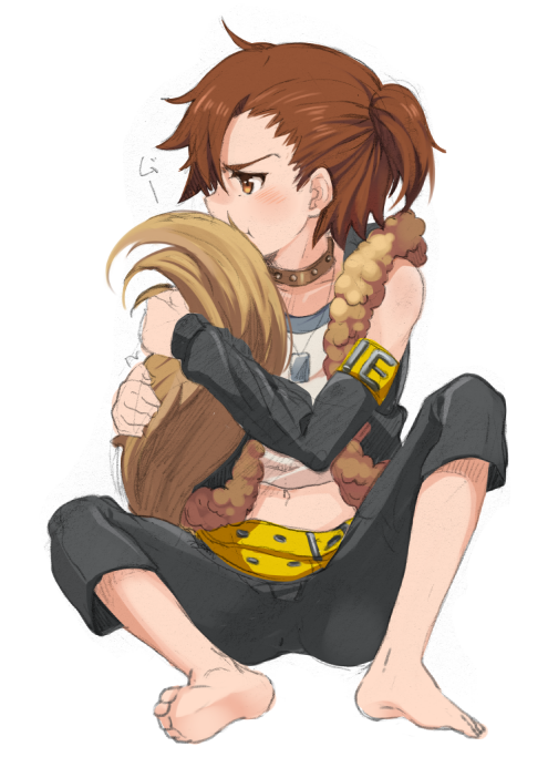 1boy, barefoot, belt, blush, brown_eyes, brown_hair, collar, dog_tags