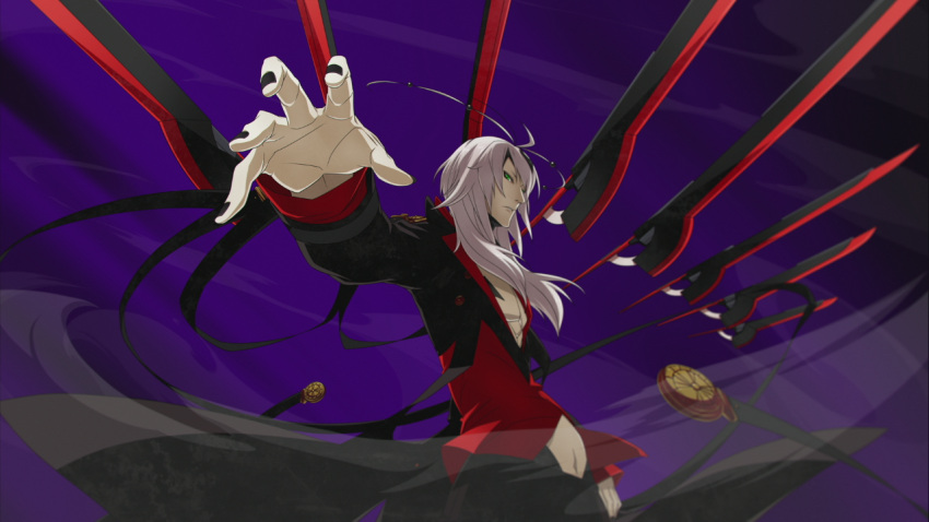 1boy, ahoge, black_jacket, black_nails, black_pants, blade, chest, collar_up, green_eyes, higuchi_konomi, jacket, long_hair, long_sleeves, multiple_wielding, nail_polish, outstretched_arm, pale_skin, pants, sechs_(xblaze_code:_embryo), tailcoat, weapon, white_hair, wind, wind_lift, xblaze, xblaze_code:_embryo