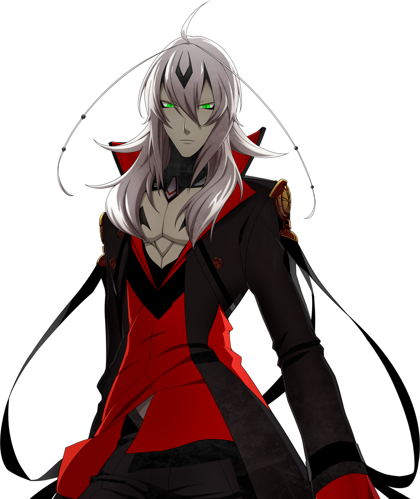 1boy, ahoge, black_jacket, chest, collar_up, green_eyes, higuchi_konomi, jacket, long_hair, looking_down, male_focus, pale_skin, sechs_(xblaze_code:_embryo), white_hair, xblaze, xblaze_code:_embryo