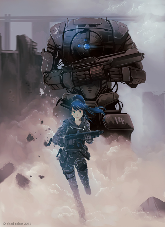 1girl, armor, artist_name, assault_rifle, black_hair, city, dead-robot, gloves, green_eyes, gun, long_hair, mecha, military, military_uniform, original, ponytail, rifle, rubble, running, science_fiction, smoke, soldier, uniform, war, watermark, weapon