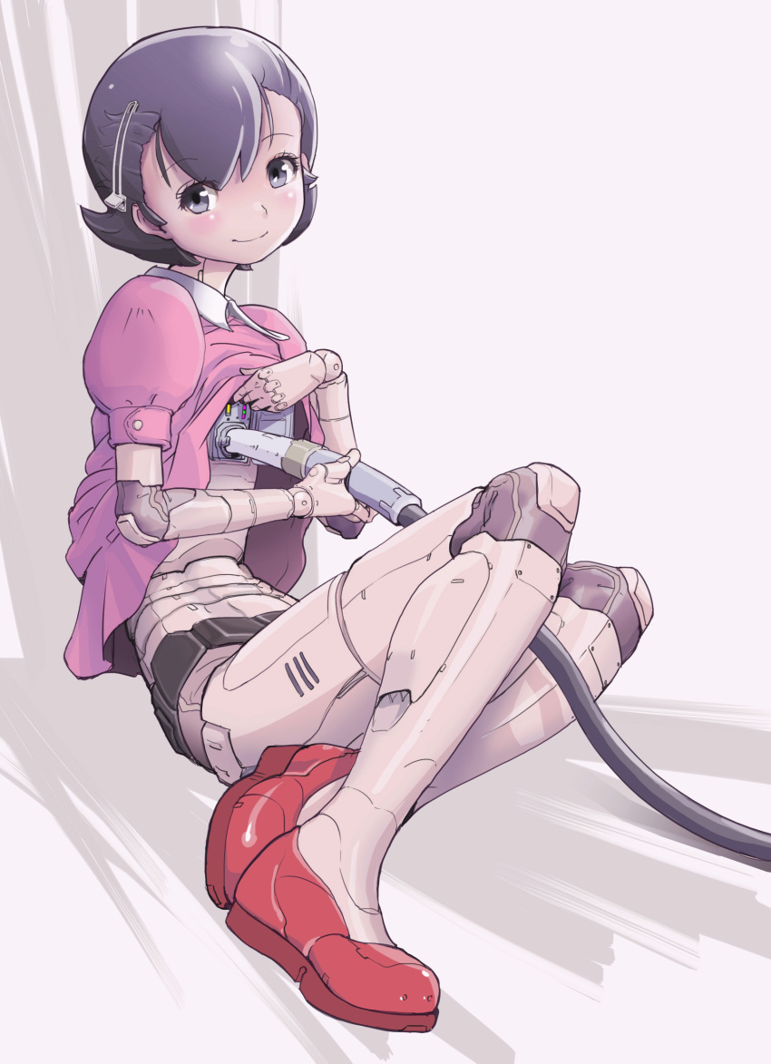 1girl, absurdres, android, black_eyes, black_hair, dress, dress_lift, hair_ornament