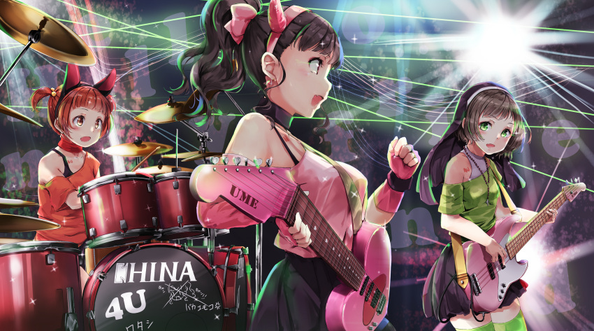 3girls, :d, anger_vein, animal_ears, band, black_skirt, breasts, brown_eyes