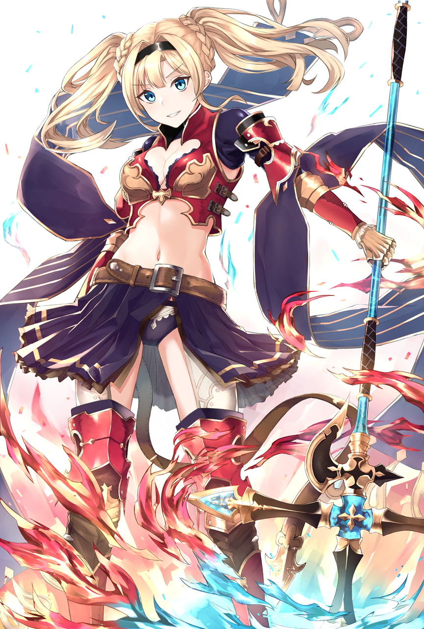 1girl, armor, blonde_hair, blue_eyes, boots, breasts, cleavage, gauntlets