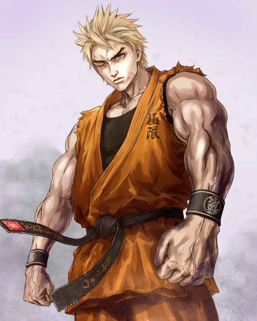 1boy, blonde_hair, blue_eyes, dougi, highres, l.g_(greenforce1), male_focus, muscle