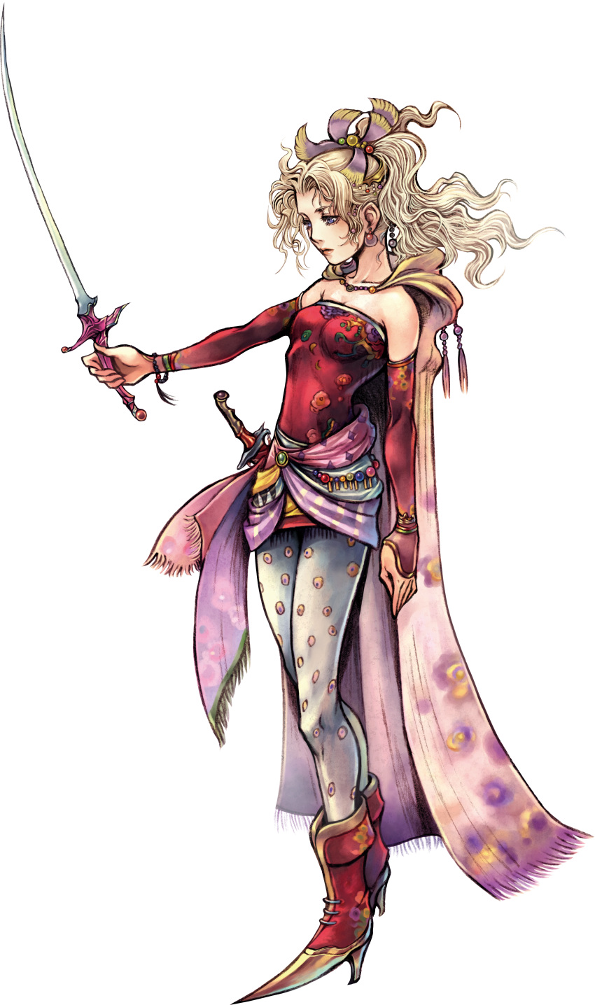 1girl, absurdres, arm_at_side, beads, blonde_hair, blue_eyes, boots, bracelet, cape, dissidia_final_fantasy, earrings, extraction, eyelashes, female, final_fantasy, final_fantasy_vi, full_body, high_heel_boots, high_heels, high_ponytail, highres, holding, holding_sword, holding_weapon, jewelry, long_hair, looking_away, multicolored, multicolored_clothes, nomura_tetsuya, official_art, pantyhose, pointy_footwear, pointy_shoes, ponytail, print_legwear, print_pantyhose, shoes, simple_background, solo, standing, strapless, sword, tied_hair, tights, tina_branford, transparent_background, weapon