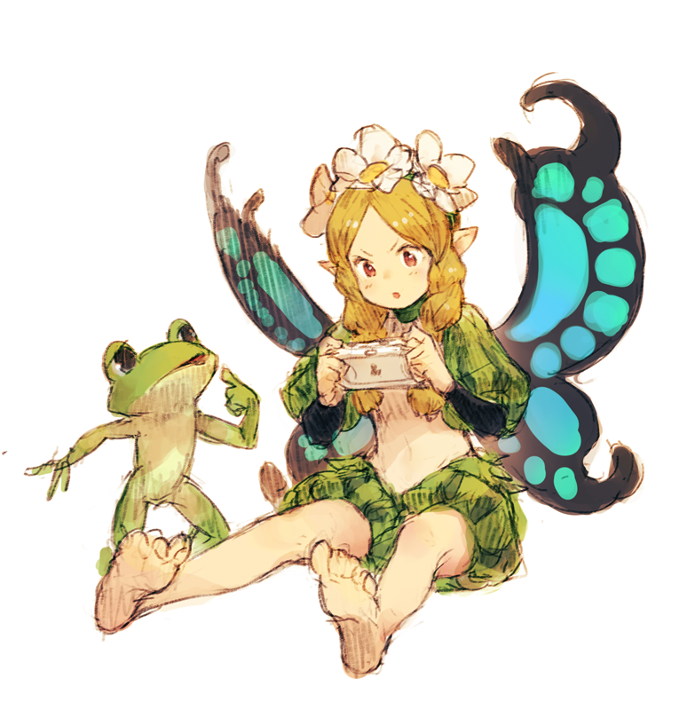 >:o, 1boy, 1girl, :o, barefoot, blonde_hair, braid, butterfly_wings, fairy, flower, frog, full_body, handheld_game_console, head_tilt, ingway_(odin_sphere), junwool, long_hair, long_sleeves, looking_at_another, mercedes, odin_sphere, pointing, pointing_at_self, pointy_ears, puffy_sleeves, red_eyes, simple_background, sitting, sketch, standing, twin_braids, white_background, wings