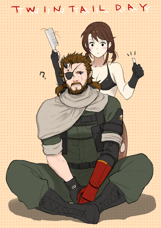1boy, 1girl, ?, bikini, bikini_top, blush_stickers, brown_hair, comb