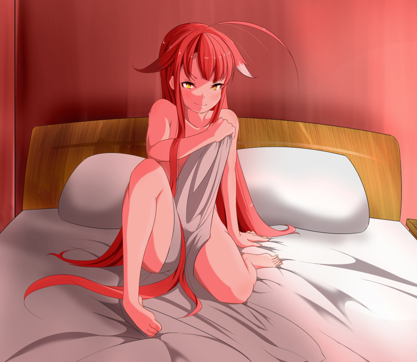 absurdres, ahoge, bed, collarbone, covering, covering_breasts, covering_crotch, hairband, highres, kantai_collection, kawakaze_(kantai_collection), long_hair, nude, nude_cover, nuemamoru_eion, redhead, smile, topless, twintails