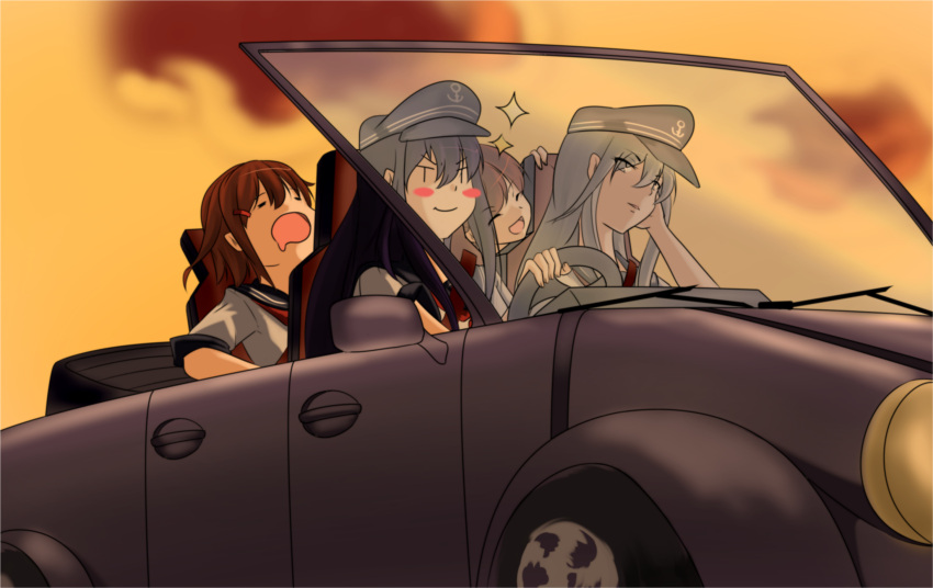 4girls, akatsuki_(kantai_collection), anchor_symbol, car, flat_cap, folded_ponytail, ground_vehicle, hair_ornament