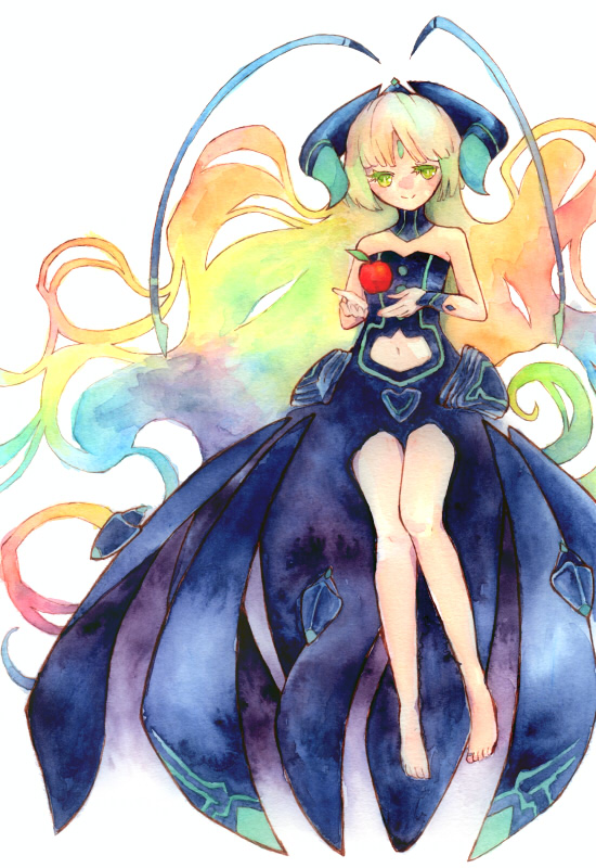 1girl, antennae, apple, atelier_(series), atelier_escha_&amp;_logy, bare_shoulders, barefoot, blonde_hair