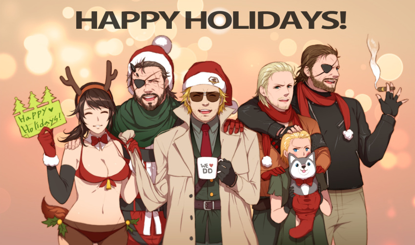 1girl, 5boys, amputee, antlers, big_boss, bikini, christmas, cigar