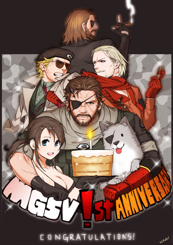 1girl, 4boys, angry, anniversary, beard, beret, big_boss, bikini_top
