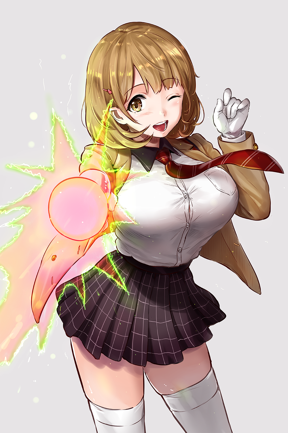 1girl, ;d, aiming_at_viewer, bangs, black_skirt, blazer, blush, breasts, brown_eyes, brown_hair, buttons, collared_shirt, cowboy_shot, dress_shirt, energy_gun, eri_(resia), eyebrows, eyebrows_visible_through_hair, gloves, glowing, grey_background, hair_ornament, hairclip, hand_up, highres, jacket, large_breasts, legs_apart, light_particles, long_sleeves, looking_at_viewer, narusawa_ryouka, necktie, occultic;nine, one_eye_closed, open_blazer, open_clothes, open_jacket, open_mouth, outstretched_arm, plaid, plaid_skirt, pleated_skirt, pocket, ray_gun, red_necktie, shirt, short_hair, skindentation, skirt, smile, solo, standing, striped, striped_necktie, thigh-highs, weapon, white_gloves, white_legwear