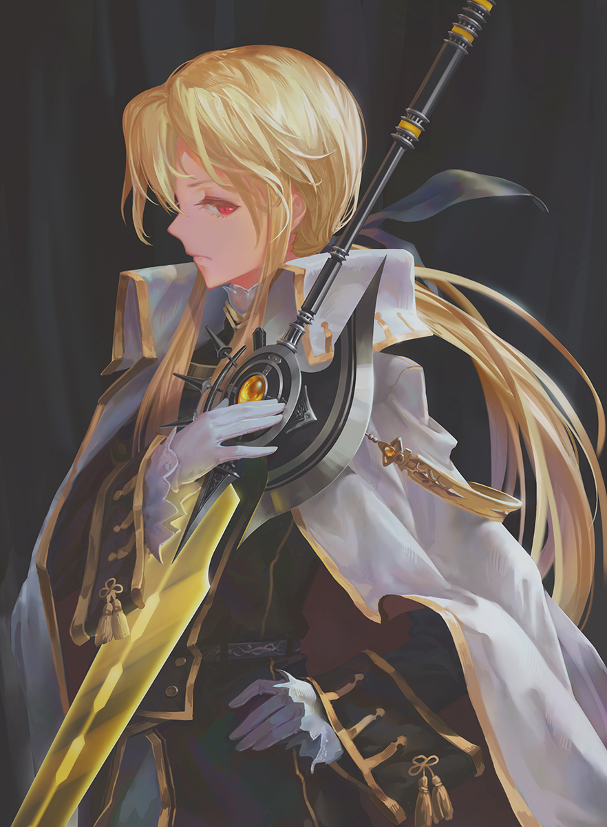1girl, bardiche, black_background, black_ribbon, blonde_hair, cape, closed_mouth, cowboy_shot